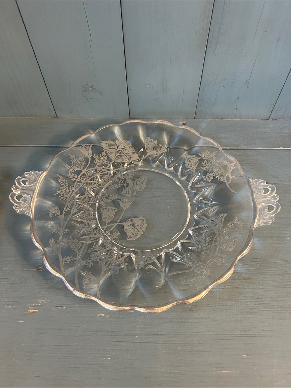 Vintage Silver City Clear Floral Poppies Etched Glass Serving Platter w/ Handles